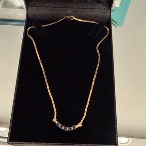 Solid 14k Gold Necklace with Natural Sapphire and round Diamonds . 17”